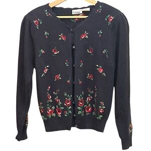 Vintage 90s Capacity Ramie Rose Embroidered Cardigan Black Floral Cottagecore